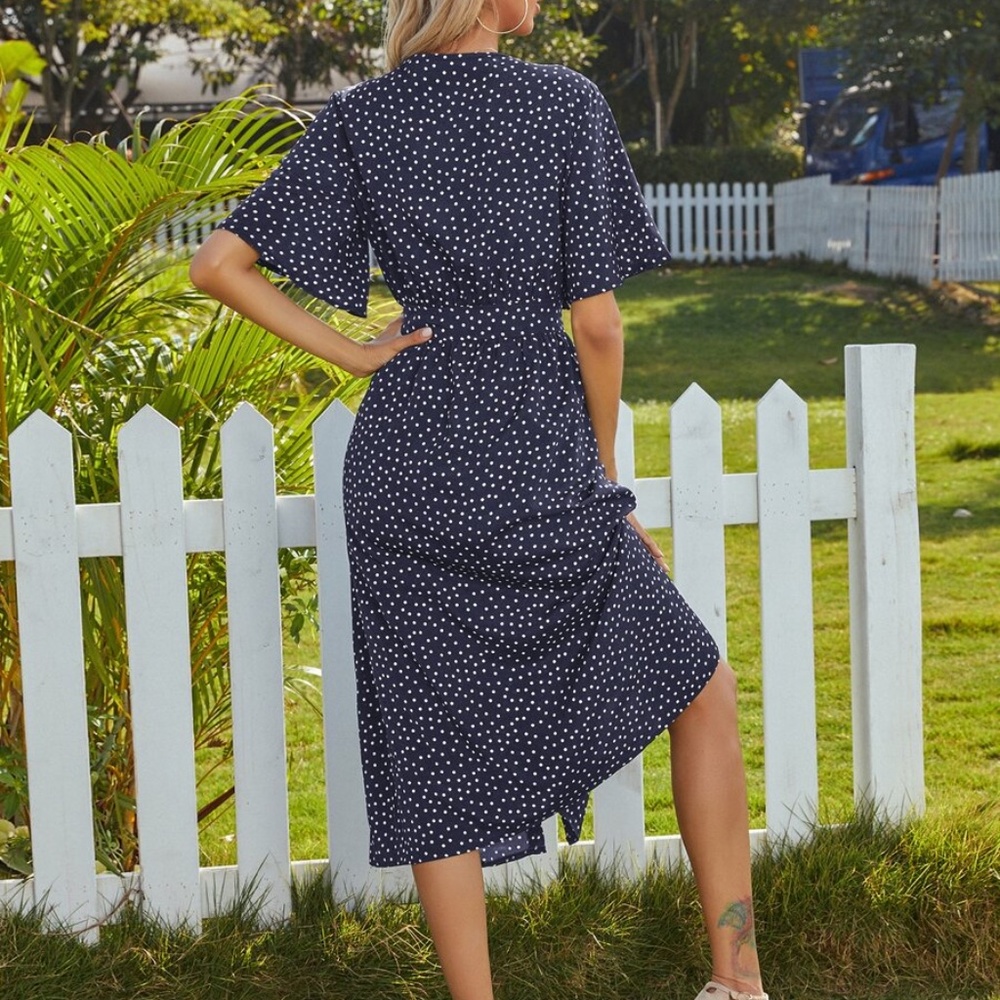 Boho Polka Dot Button Front Tie Midi Dress Pink - Picture 10 of 14